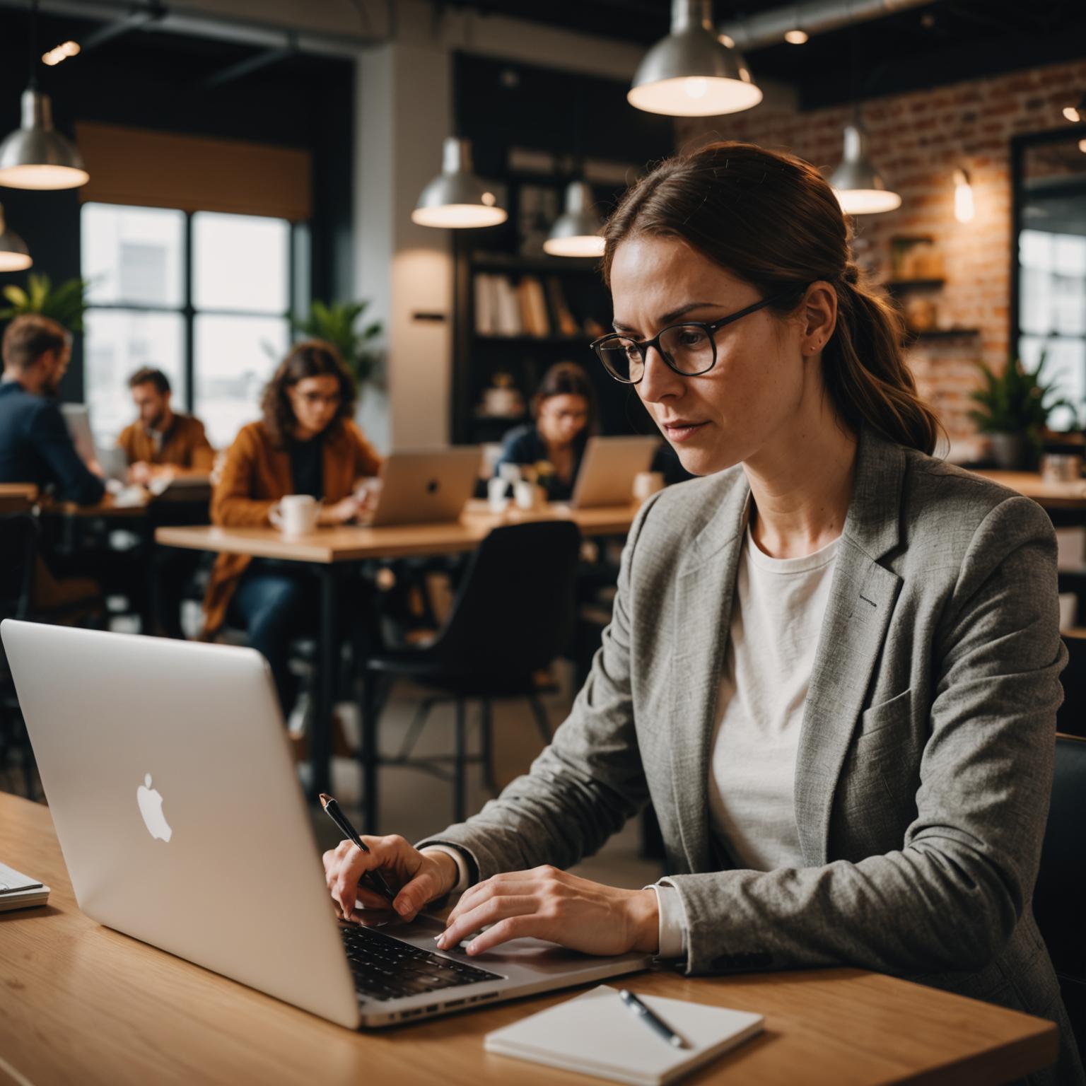 Professional studying tech courses at a laptop in a modern workspace