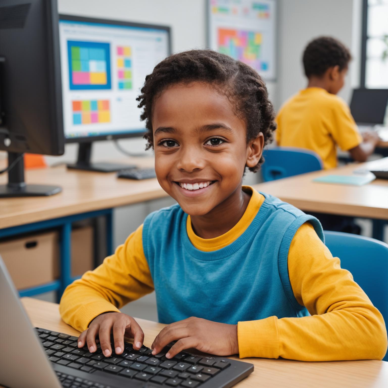 Child learning to code with colourful blocks on screen