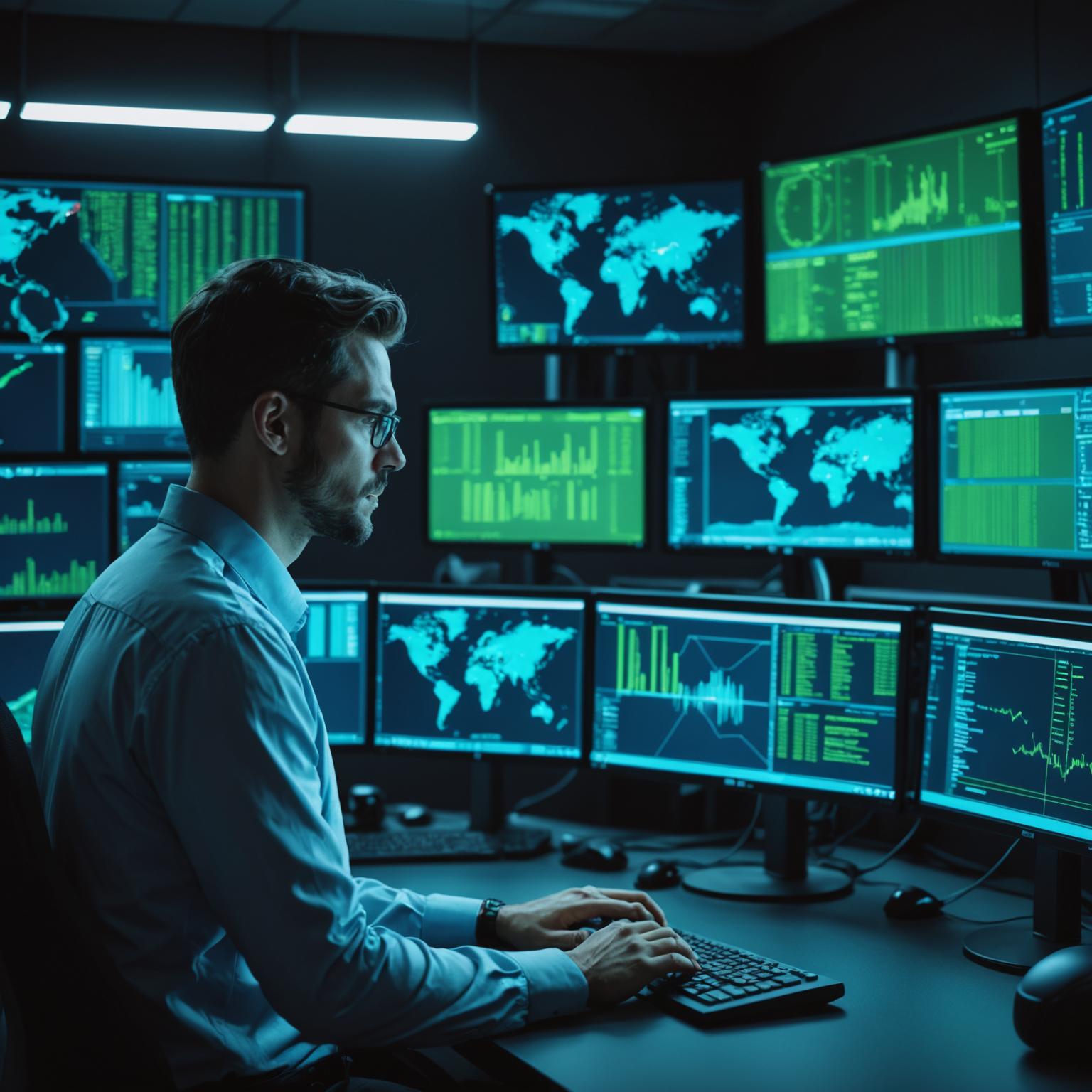 Cybersecurity professional analysing threat data on multiple monitors