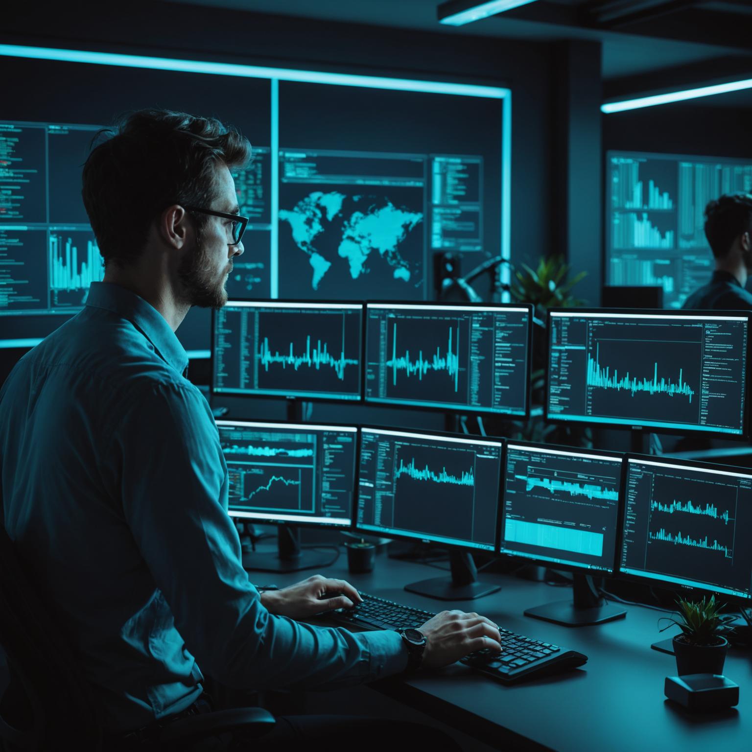 Professional working with multiple screens displaying code and analytics dashboards