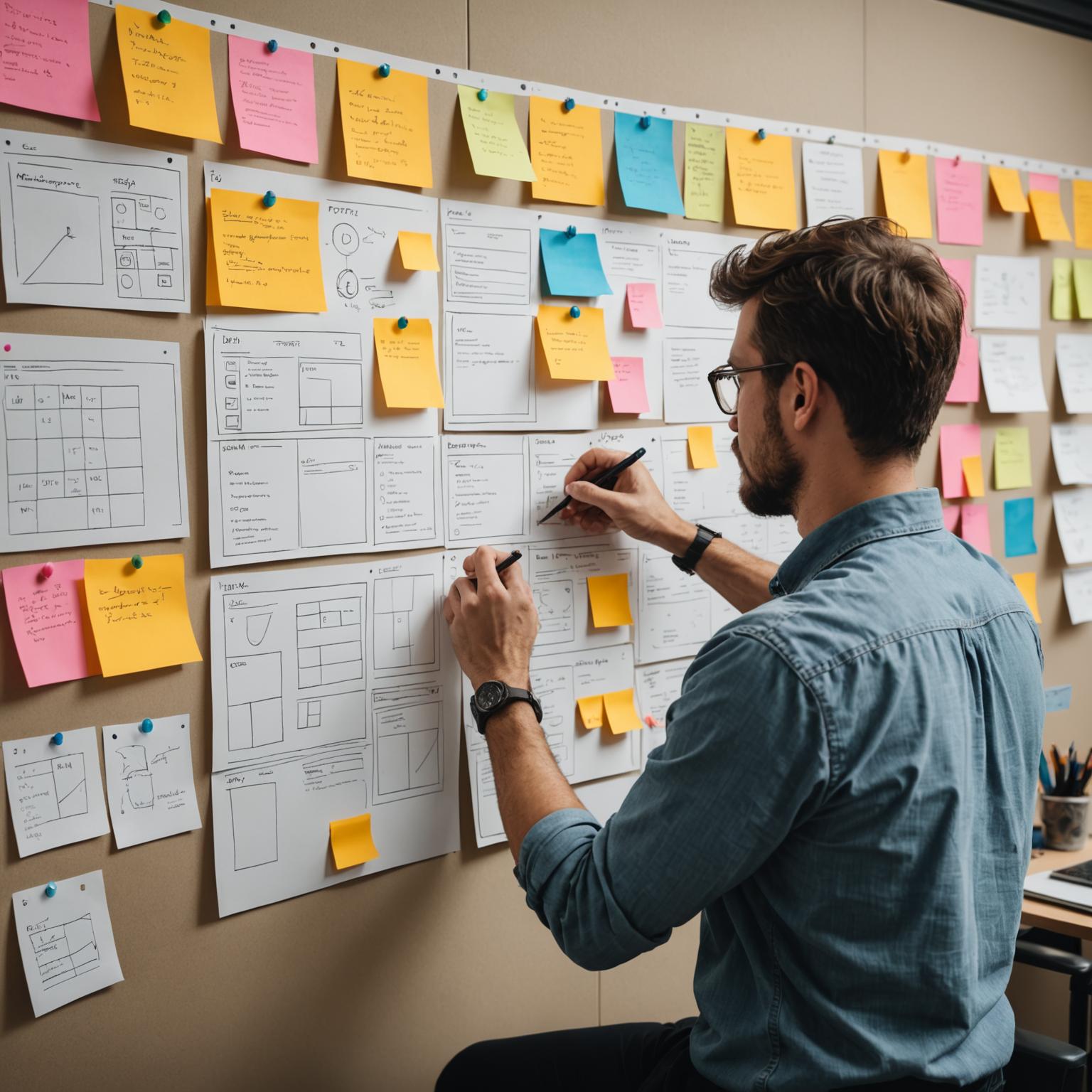 UX designer sketching wireframes and user flow diagrams on paper