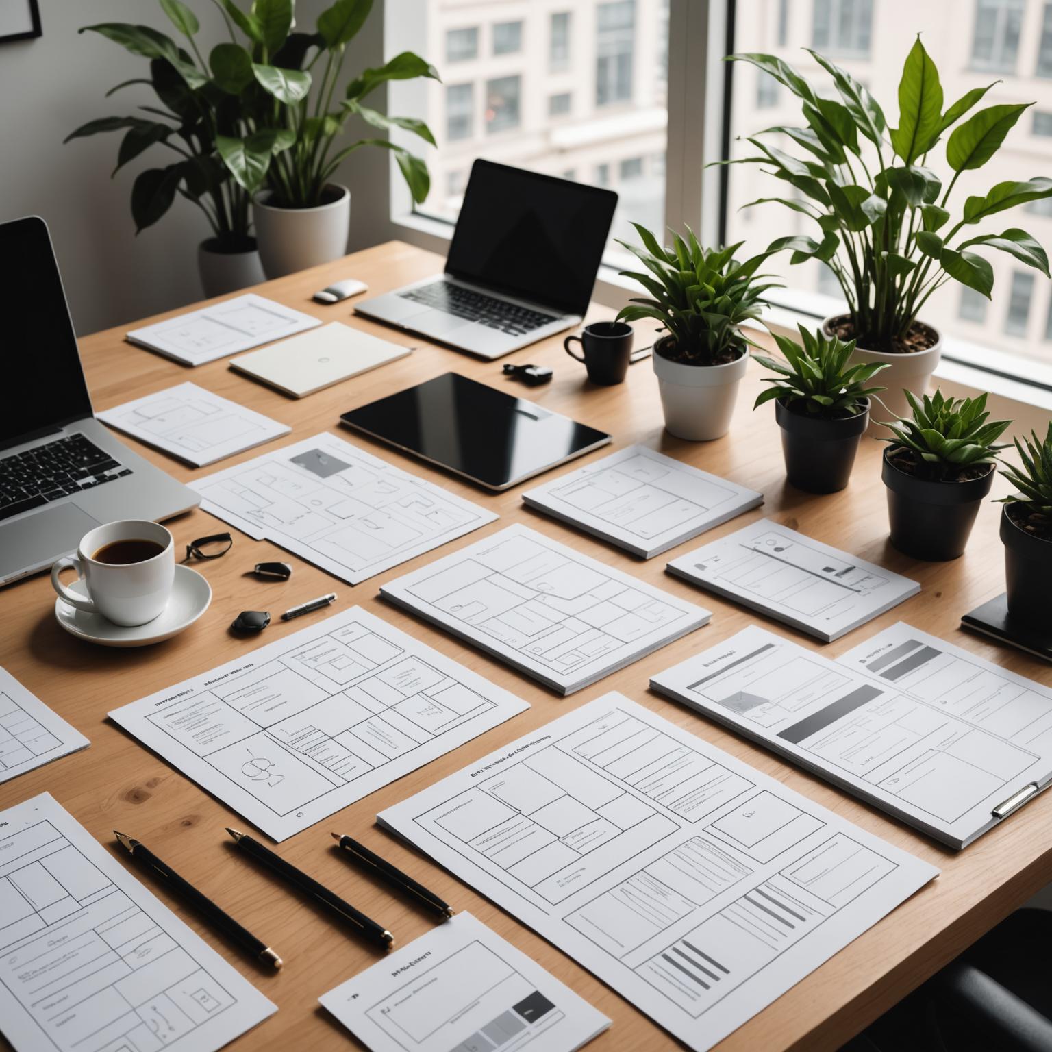 Designer sketching wireframes and user journey maps on paper