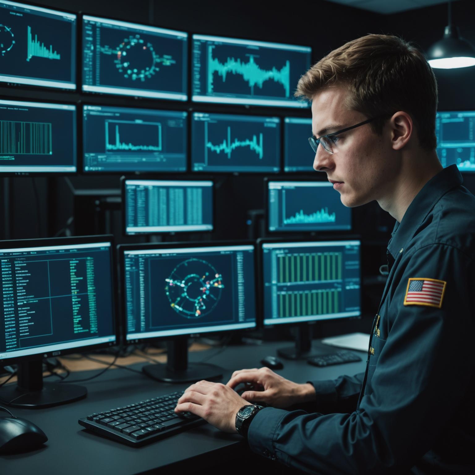 Cybersecurity student analysing network traffic in a security operations lab
