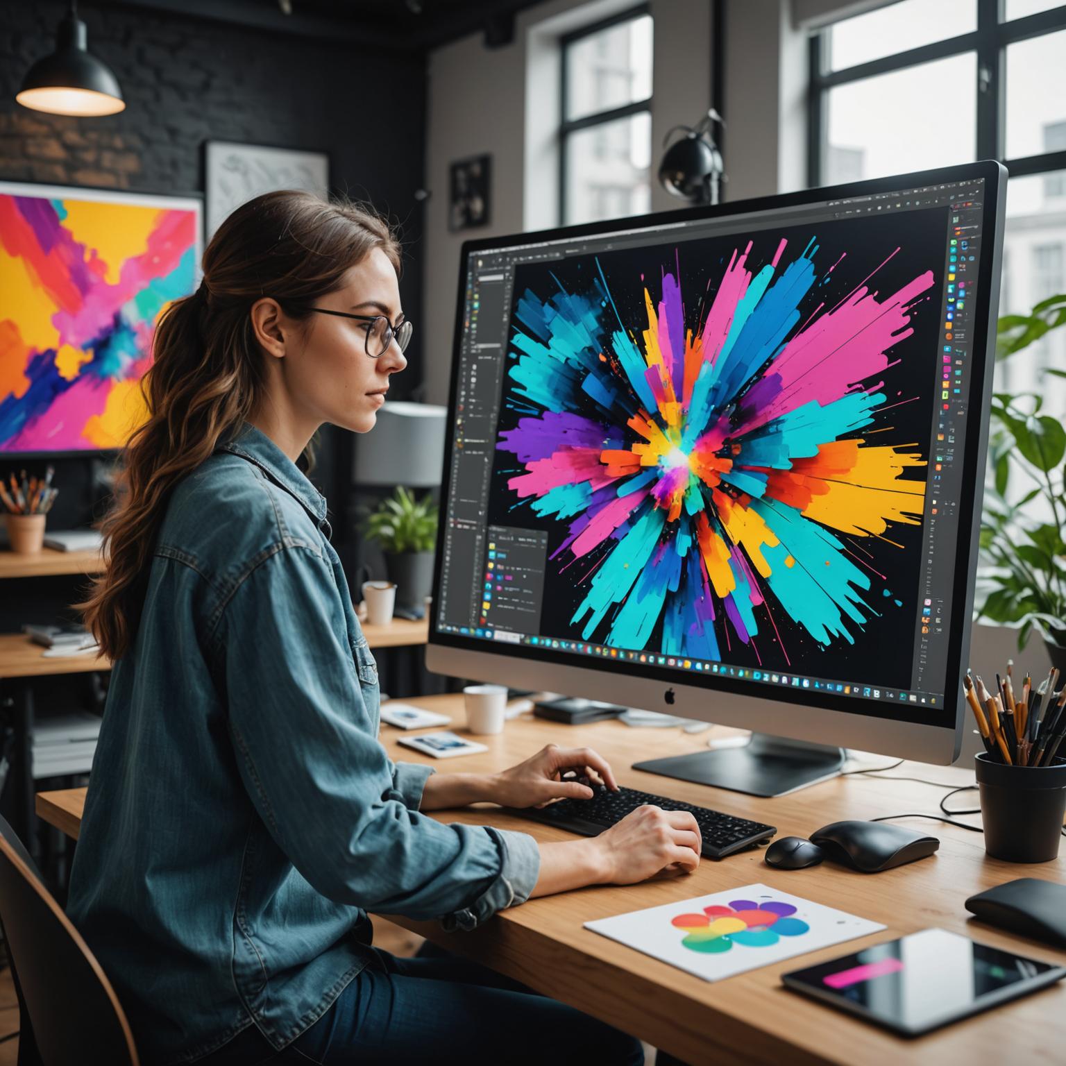 Graphic designer working with AI-assisted creative tools on a digital canvas