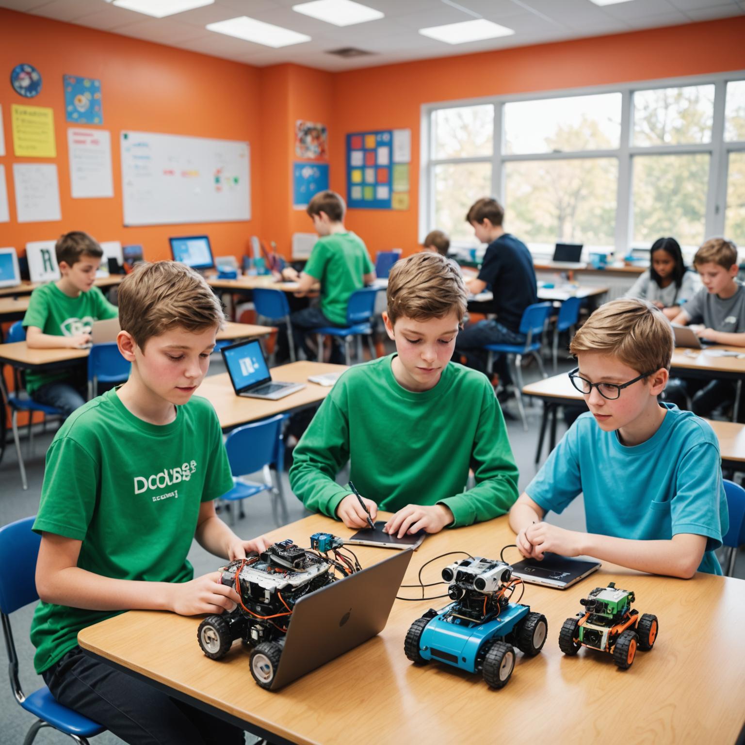 Young students collaborating on a coding and robotics project in a colourful classroom