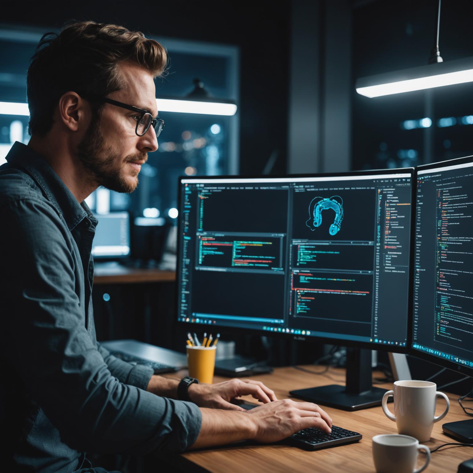 Developer building an AI application with Python on a dual-monitor setup