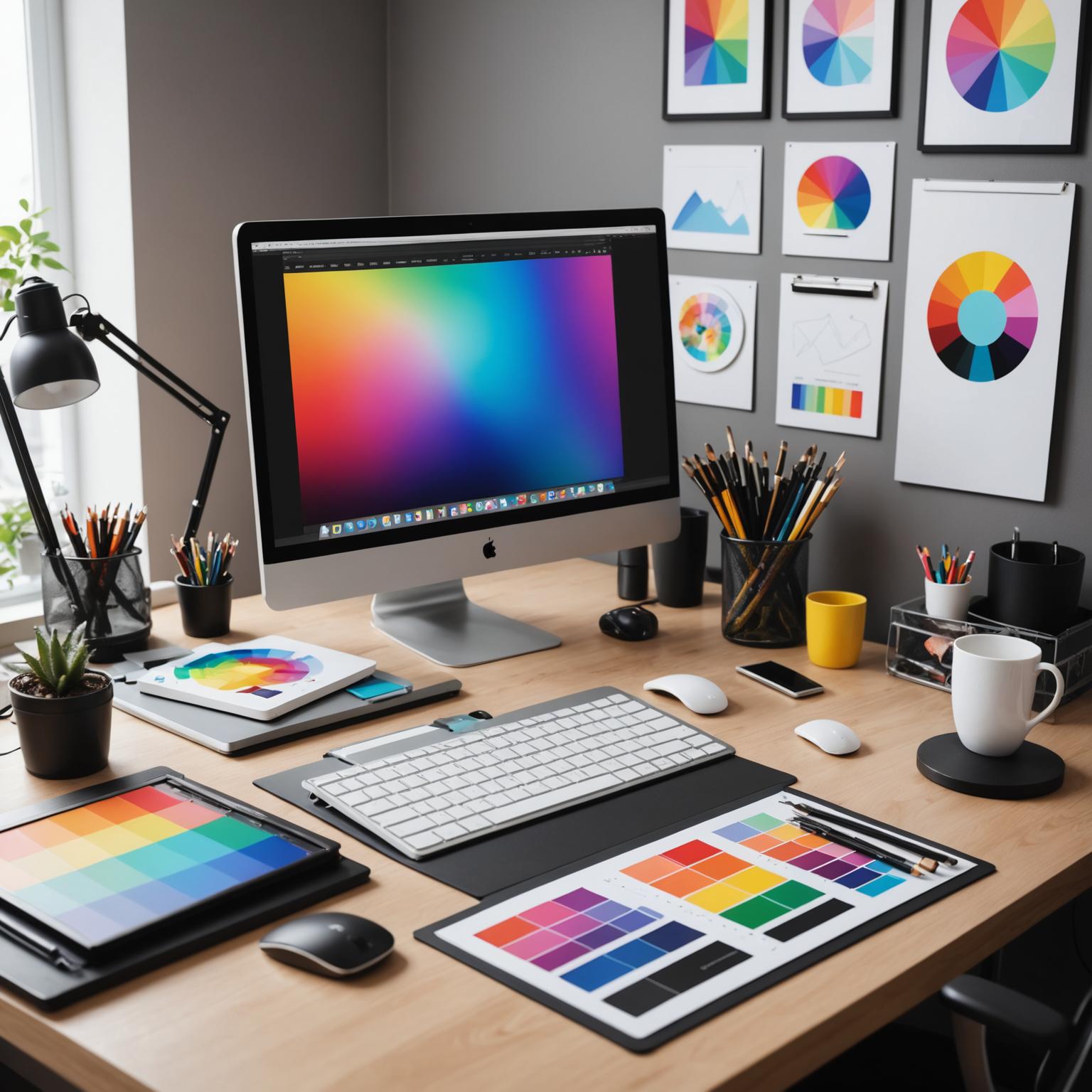 Graphic designer workspace with creative projects on screen
