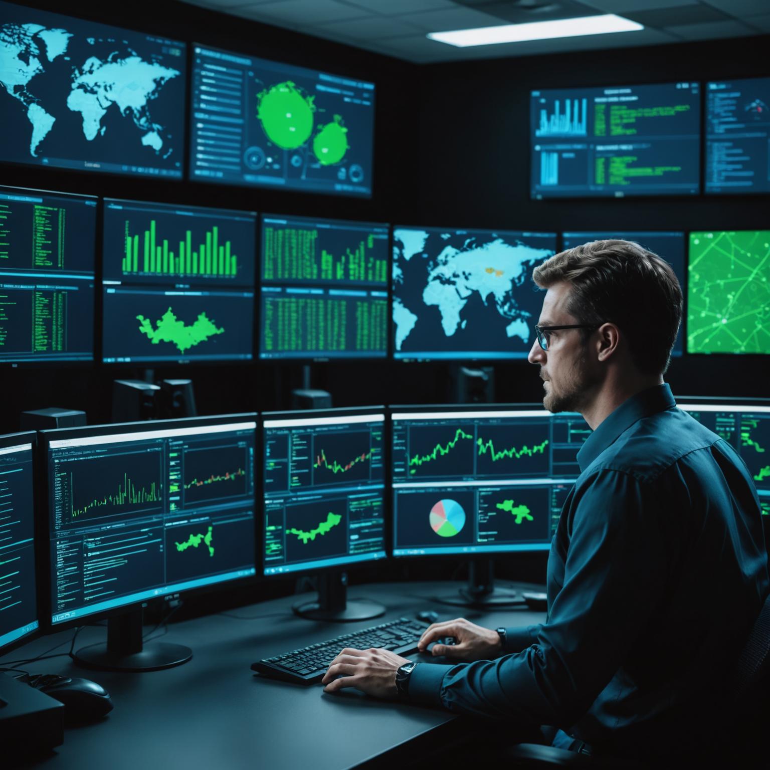 Cybersecurity training lab with network monitoring displays
