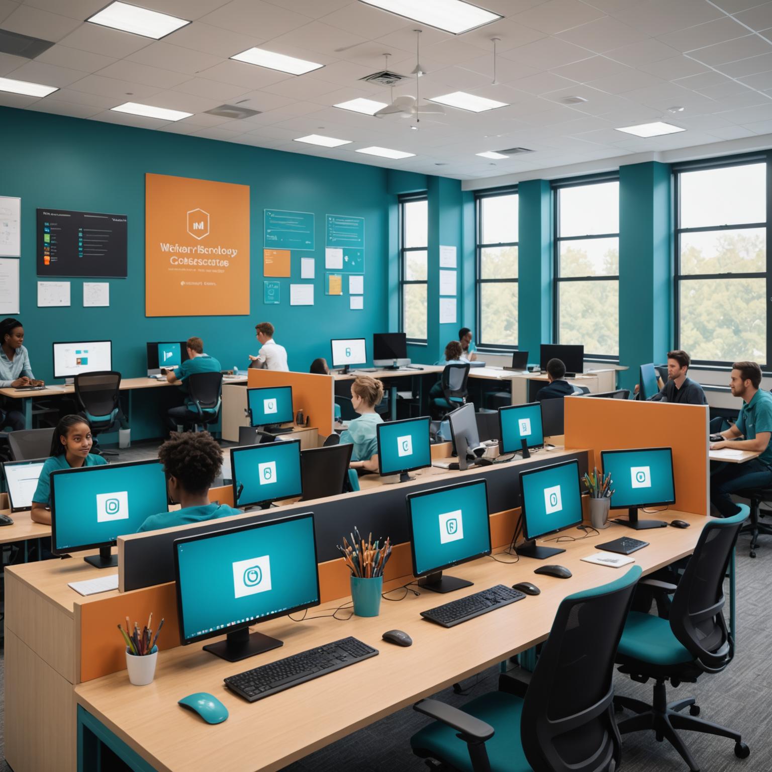 Students collaborating in a modern tech classroom at Sprytani Academy