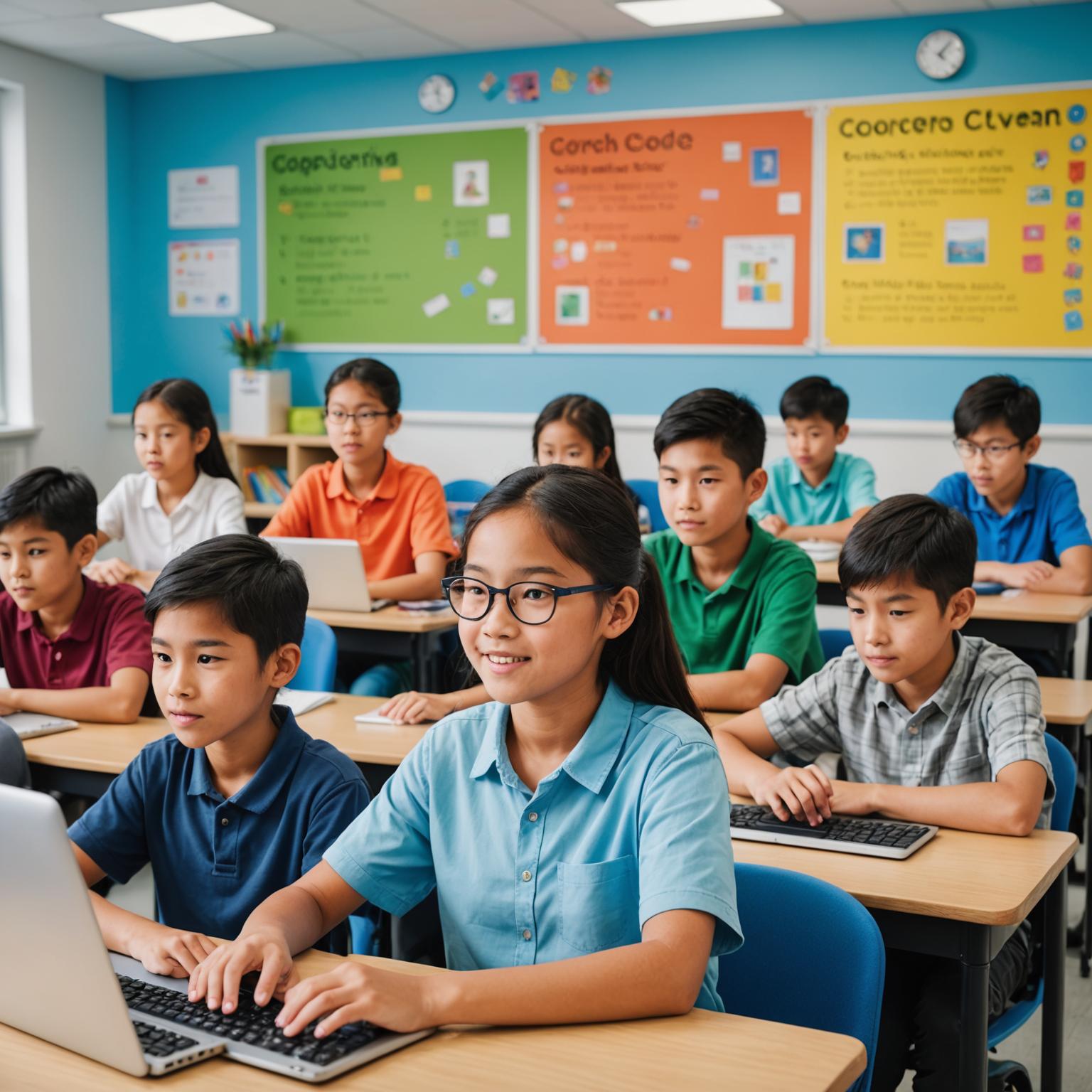 Children learning technology in a modern classroom