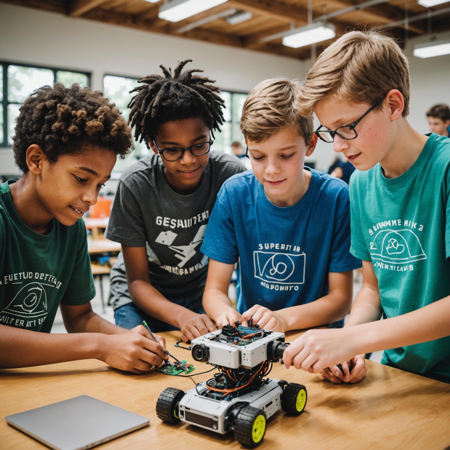 Kids collaborating on tech projects during a holiday camp